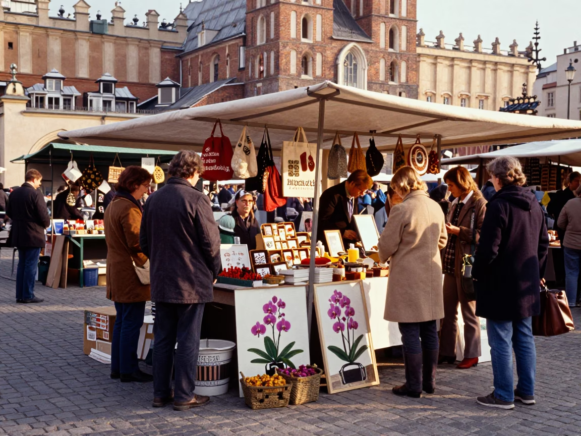 Busy Krakow Market Stall with Pressed Orchid and Tailor Tools in in Krakow, Poland