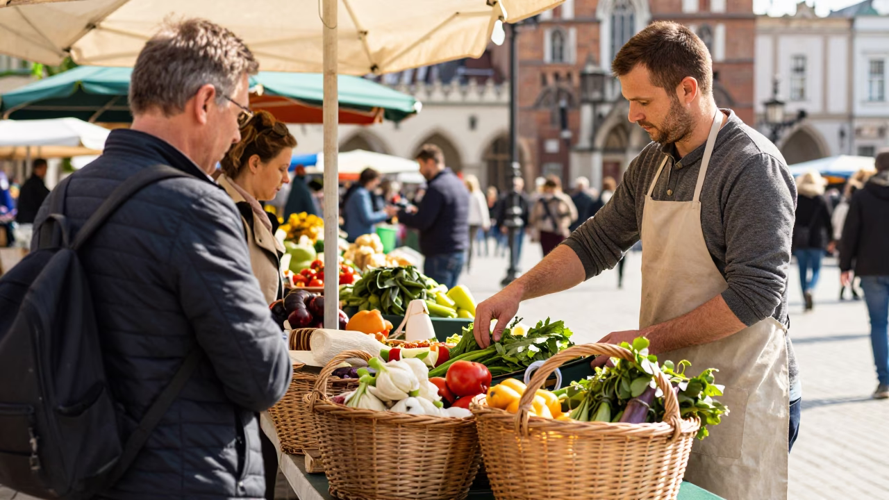 Busy Krakow Market Stall with Woven Basket and Local Vendor Interaction in in Krakow, Poland