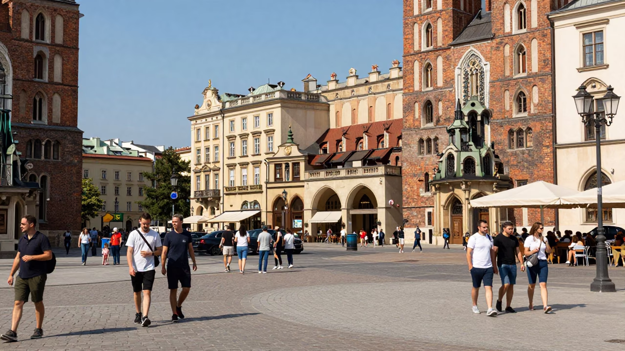 Busy Krakow Poland Midday Street Scene with Tourists and Local Details in in Krakow, Poland