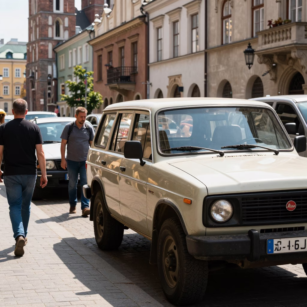 Busy Krakow Poland Midday Street Scene with Vintage SUV and Local Interaction in in Krakow, Poland