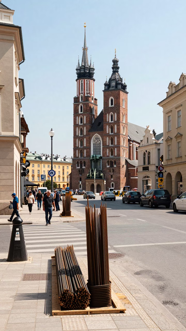 Busy Krakow Poland Street Scene Noon Light Construction and Urban Life in in Krakow, Poland