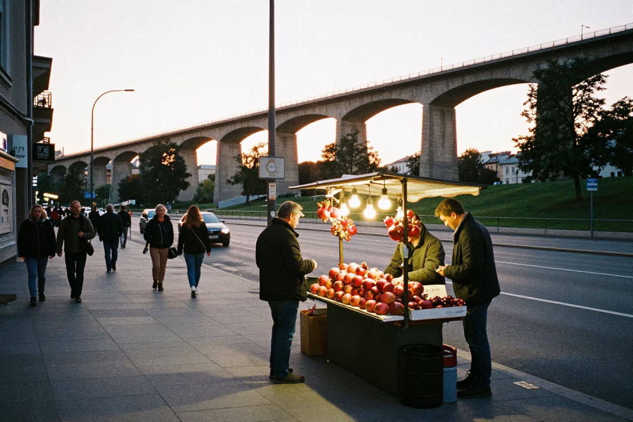 Busy Krakow Street Corner Early Evening with Pomegranate Vendor and Concrete Viaduct in in Krakow, Poland