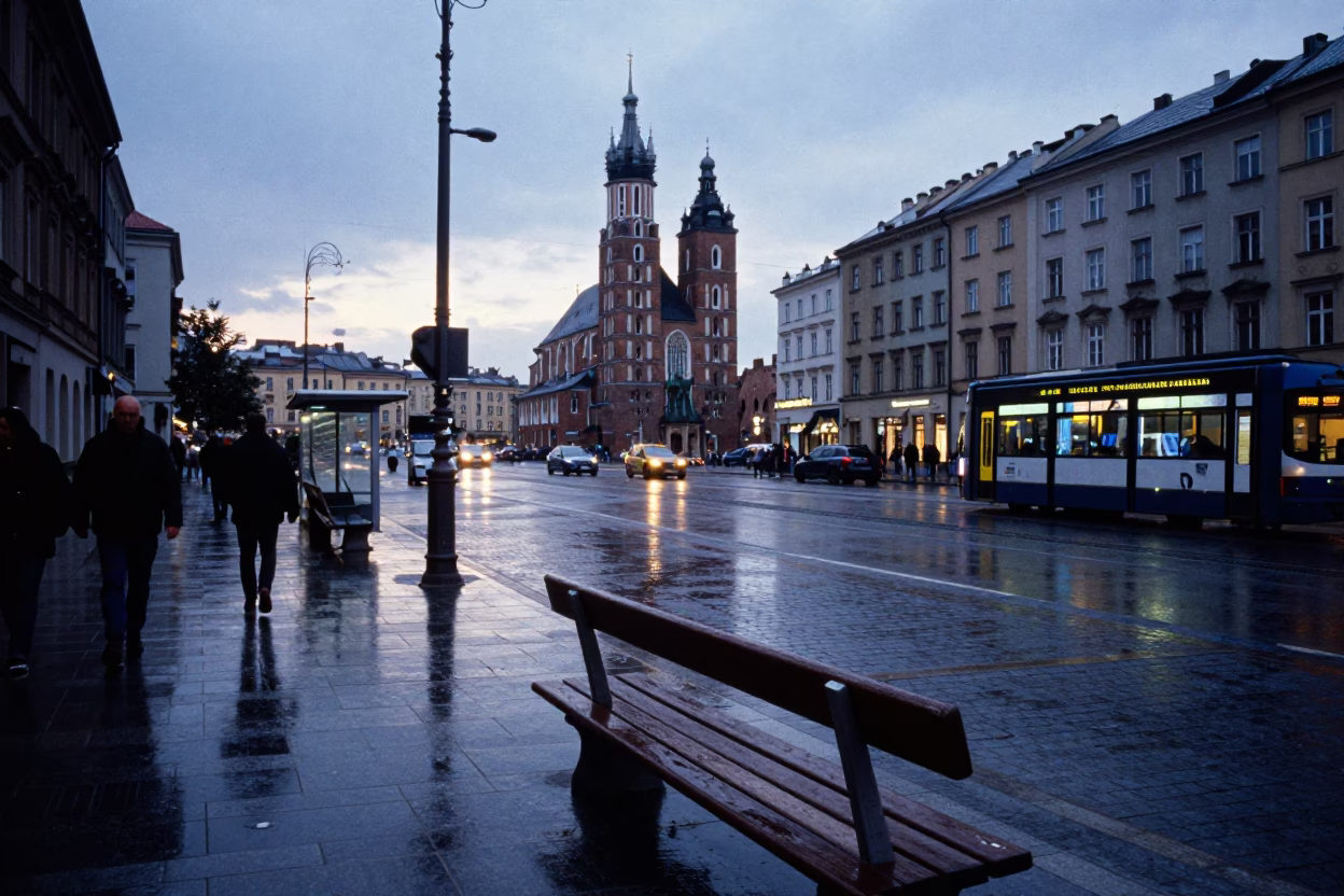 Busy Krakow street scene at nautical dawn with rain rings on wooden bench slat in in Krakow, Poland
