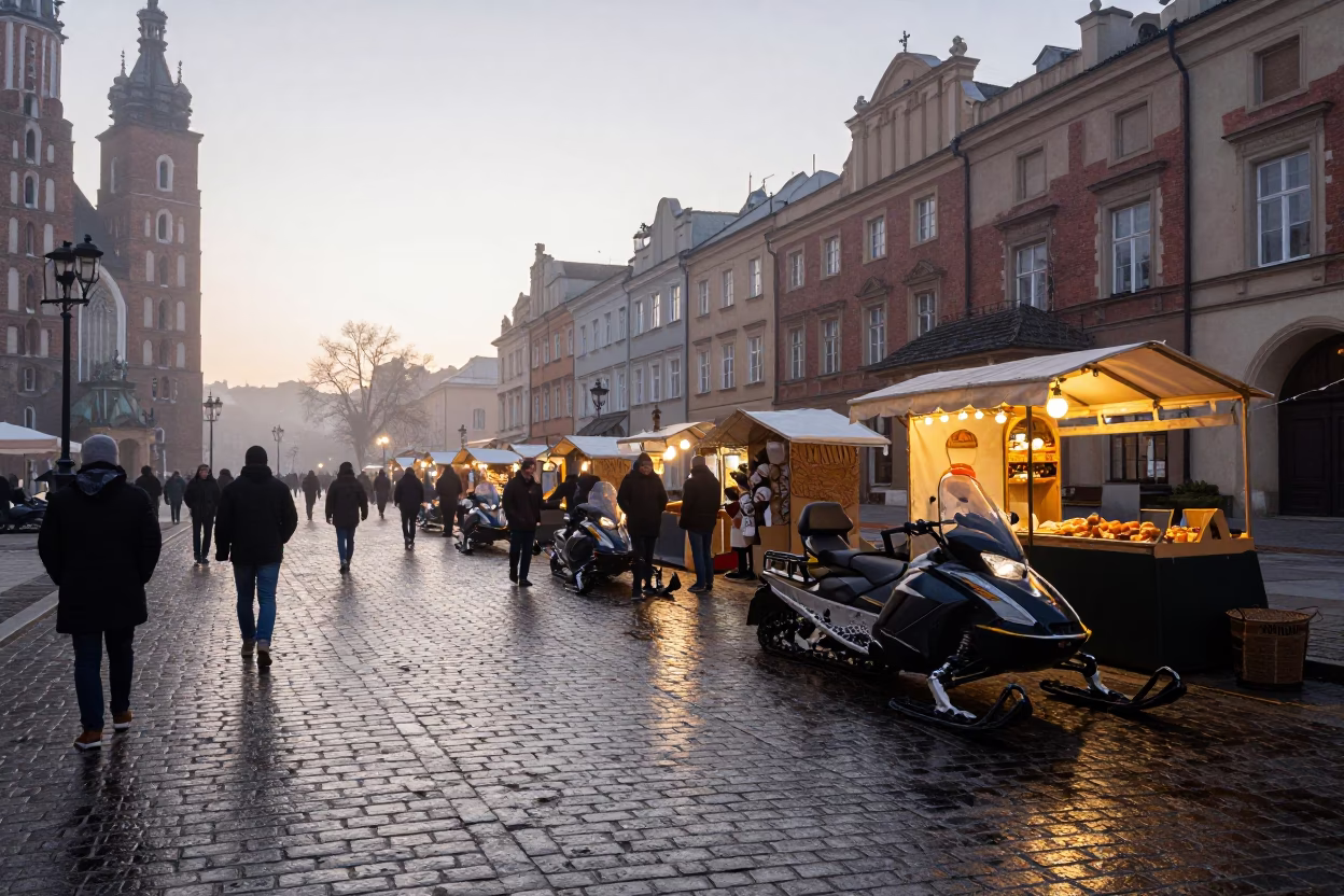 Busy Krakow Street Scene at Nautical Dawn with Snowmobile and Peg Rail in in Krakow, Poland
