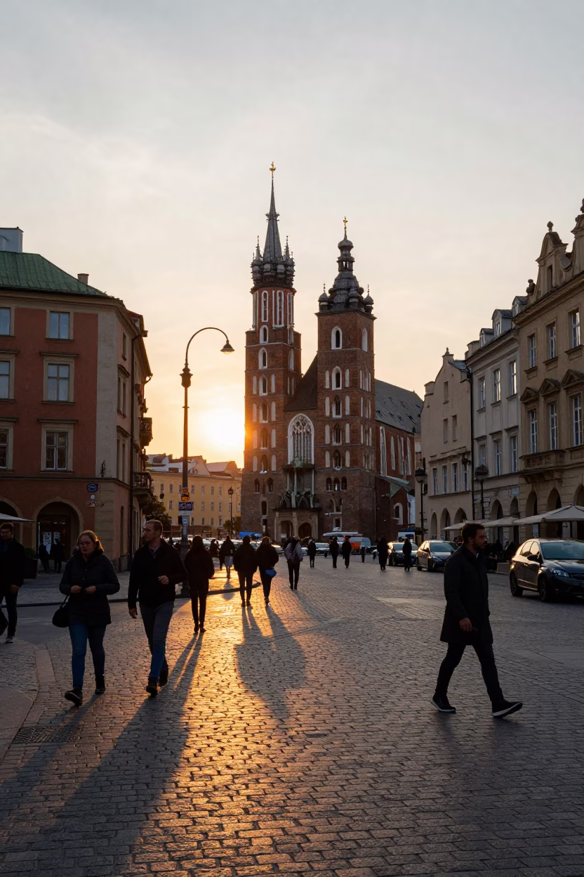 Busy Krakow Street Scene at Sunset with Construction and Local Life in in Krakow, Poland