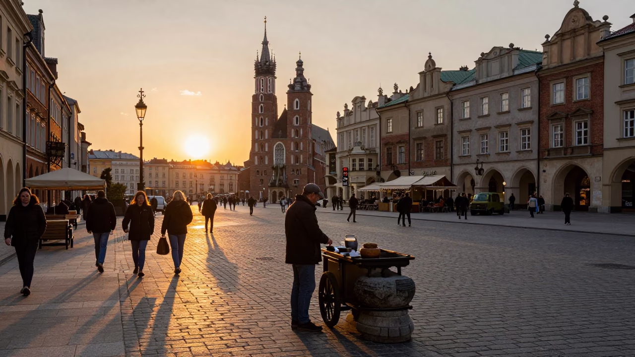 Busy Krakow Street Scene at Sunset with Stone Pot and Serving Spoon in in Krakow, Poland