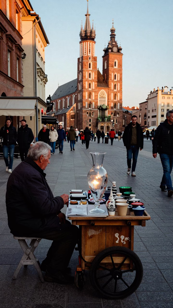 Busy Krakow Street Scene Late Afternoon with Glass Vase and Charcoal Stick in in Krakow, Poland