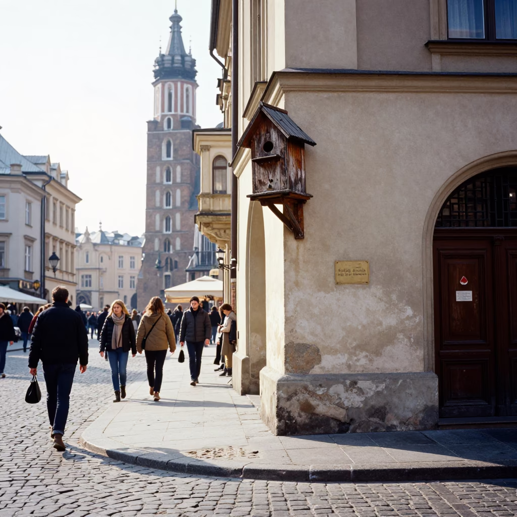 Busy Krakow Street Scene with Birdhouse and Morning Light in Poland in in Krakow, Poland