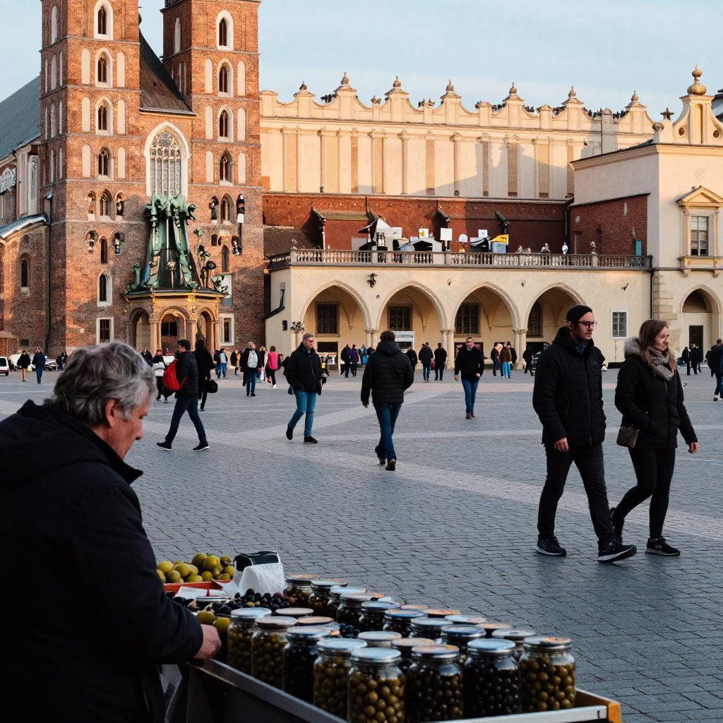 Busy Krakow Street Scene with Brushed Steel Details and Local Commerce in in Krakow, Poland