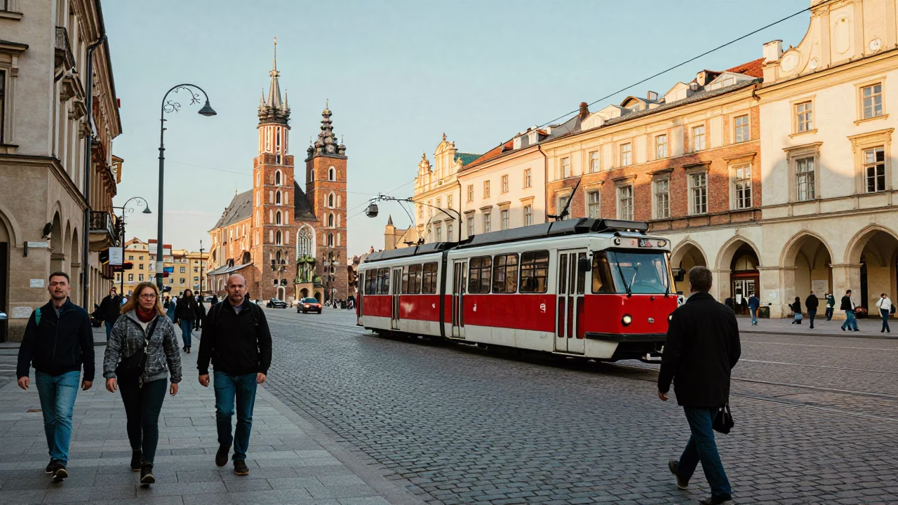 Busy Krakow Street Scene with Cable Car and Cobblestones in in Krakow, Poland