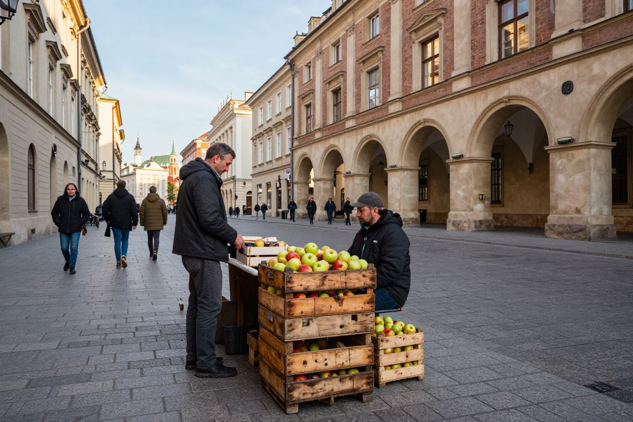 Busy Krakow Street Scene with Vintage Crate and Polish Architecture in in Krakow, Poland