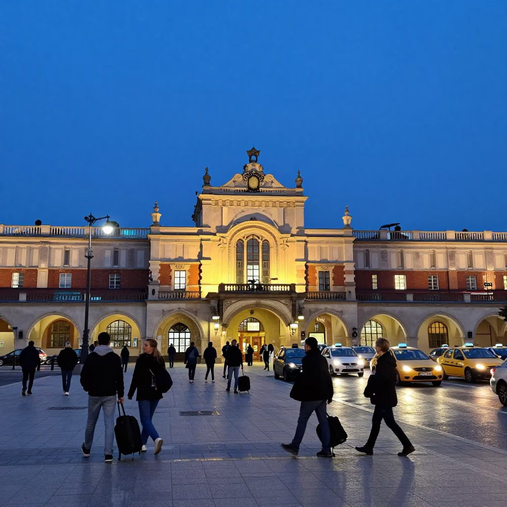 Busy Krakow Taxi Rank Outside Main Train Station at Blue Hour Twilight in in Krakow, Poland
