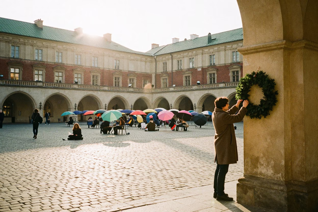 Busy Krakow University Courtyard with Umbrellas and Student Life Just After Sunrise in in Krakow, Poland