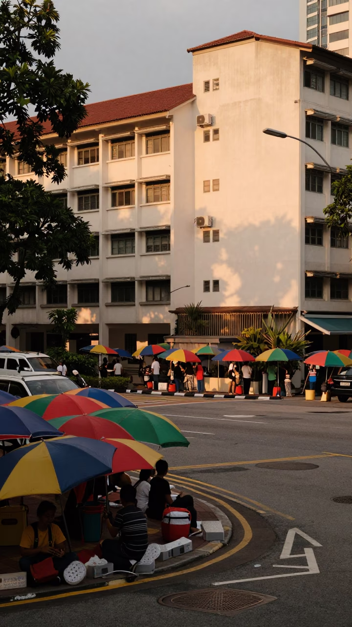 Busy Kuala Lumpur Evening Street Scene with Umbrellas and Local Life in in Kuala Lumpur, Malaysia