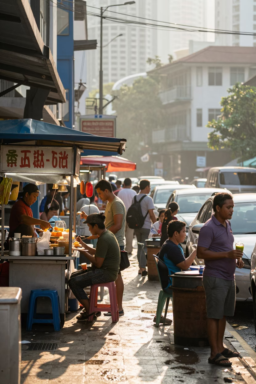 Busy Kuala Lumpur Morning Street Scene with Food Stall and Traffic After Sunrise in in Kuala Lumpur, Malaysia