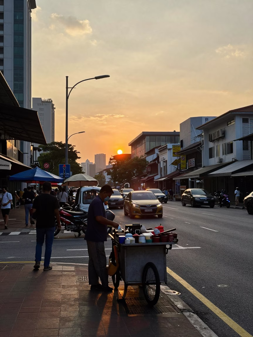 Busy Kuala Lumpur Street Corner at Sunset with Local Vendor and Dragon Fruit in in Kuala Lumpur, Malaysia