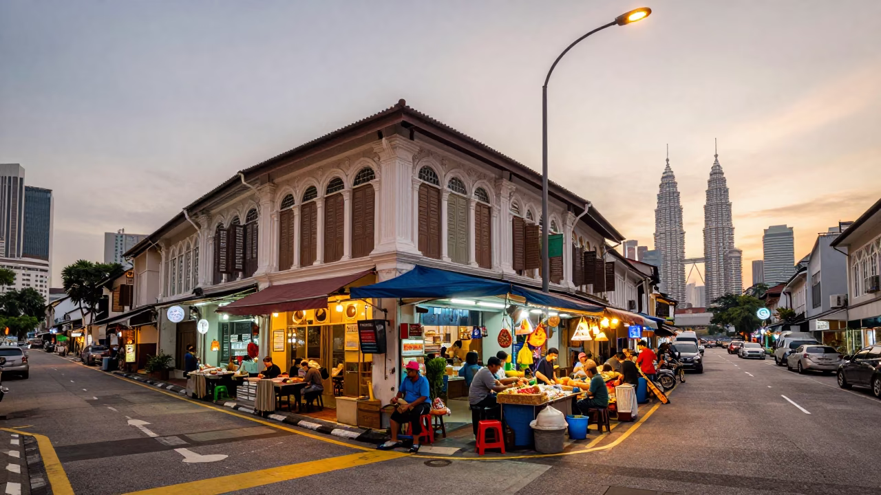 Busy Kuala Lumpur Street Corner Evening Light and Local Commerce in in Kuala Lumpur, Malaysia