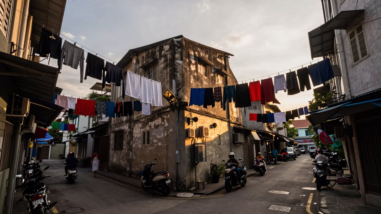 Busy Kuala Lumpur street corner with hanging laundry and golden hour light in in Kuala Lumpur, Malaysia