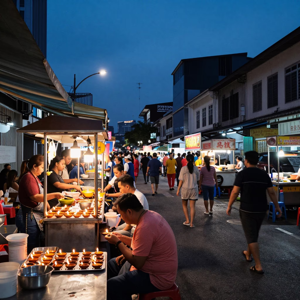 Busy Kuala Lumpur Street Food Stall at Blue Hour with Diwali Oil Lamps in in Kuala Lumpur, Malaysia