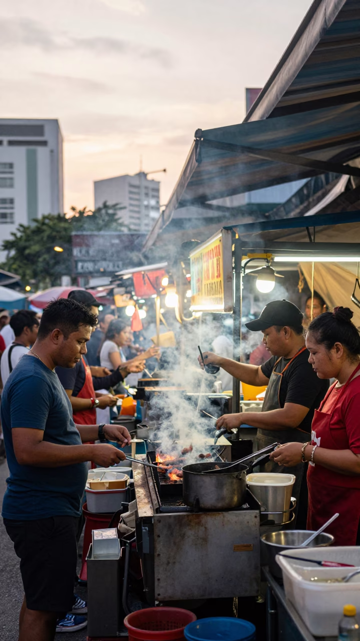 Busy Kuala Lumpur Street Food Stall at Late Afternoon with Sate Skewers in in Kuala Lumpur, Malaysia