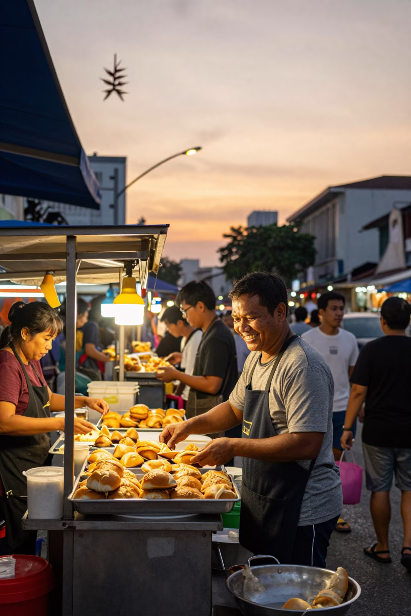 Busy Kuala Lumpur Street Food Stall at Sunset with Heliconia and Pastries in in Kuala Lumpur, Malaysia