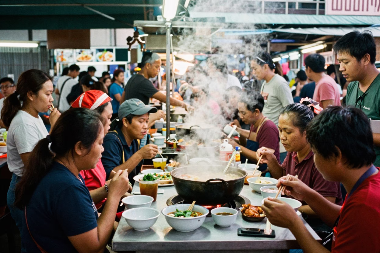 Busy Kuala Lumpur street food stall with enamel bowls and steam haze at midday in in Kuala Lumpur, Malaysia