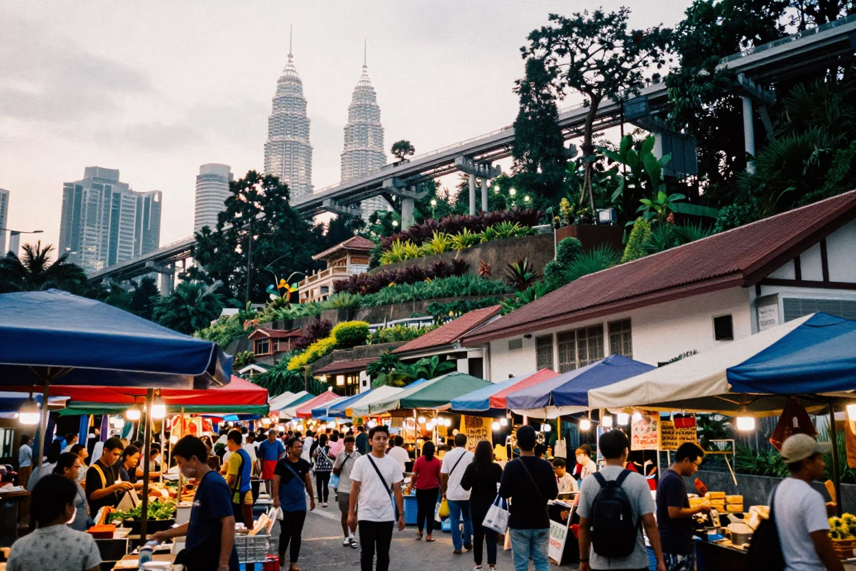 Busy Kuala Lumpur Street Market at Nautical Dawn with Traditional Funicular Railway in Background in in Kuala Lumpur, Malaysia