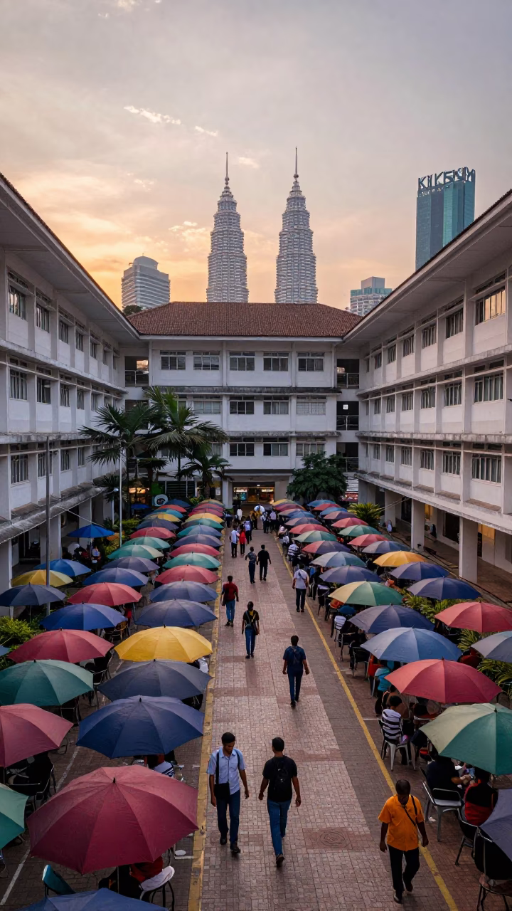 Busy Kuala Lumpur Street Scene at Dawn with Umbrellas and Urban Life in in Kuala Lumpur, Malaysia