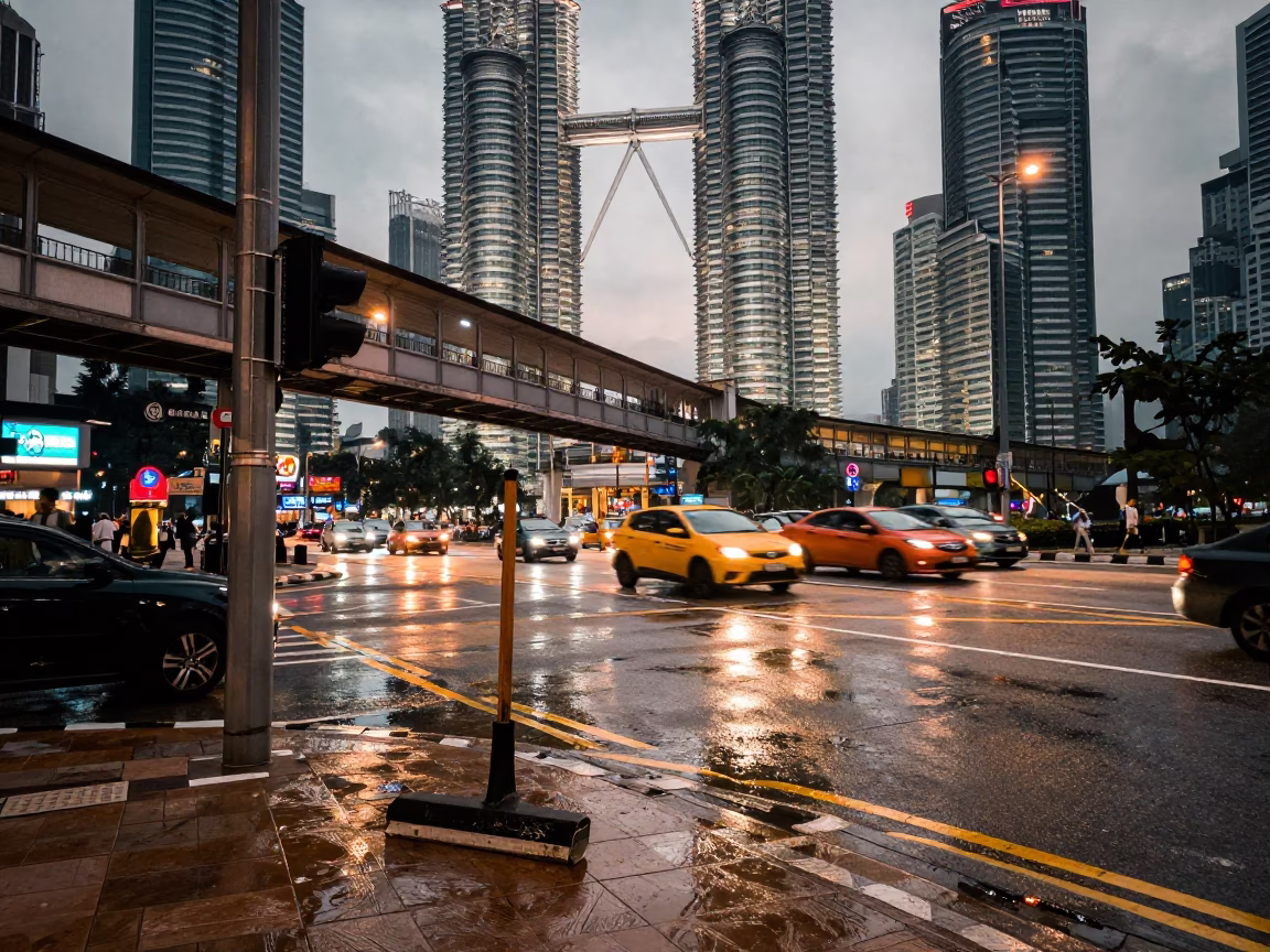 Busy Kuala Lumpur Street Scene at Dusk with Pedestrian Overpass and Local Life in in Kuala Lumpur, Malaysia