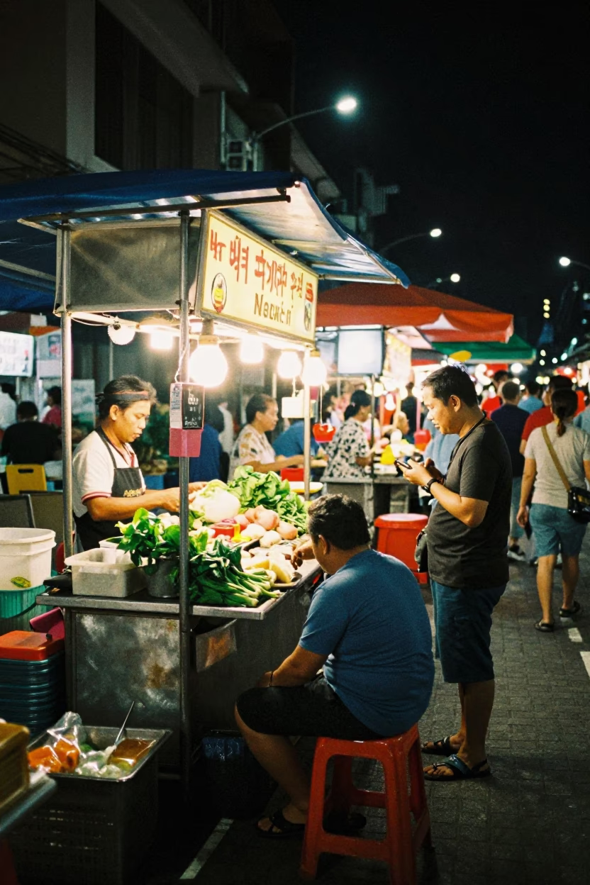 Busy Kuala Lumpur Street Scene at Midnight with Food Stall and Crate in in Kuala Lumpur, Malaysia