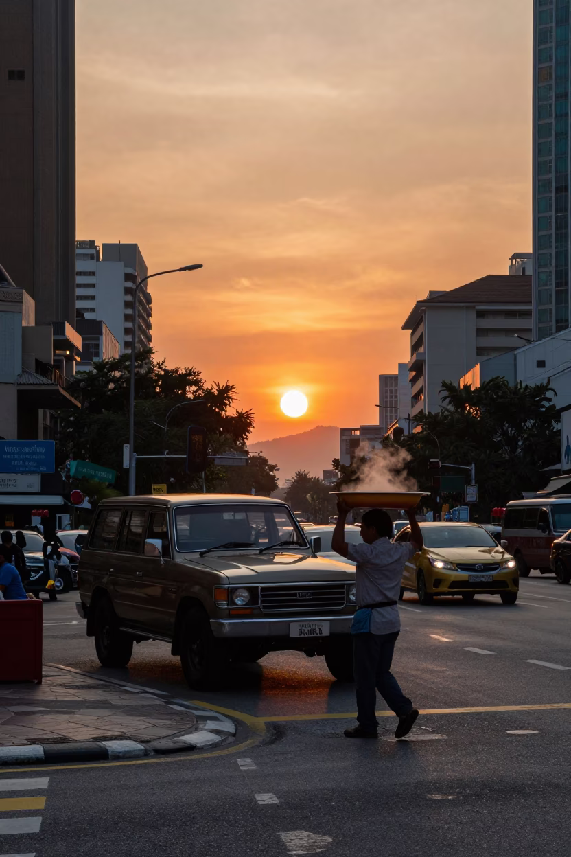 Busy Kuala Lumpur Street Scene at Sunset with Vintage SUV and Local Commerce in in Kuala Lumpur, Malaysia