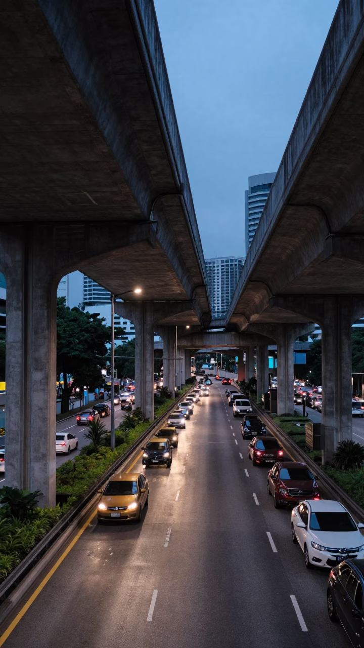 Busy Kuala Lumpur Street Scene Before Dawn with Flyover Shadows and Urban Life in in Kuala Lumpur, Malaysia