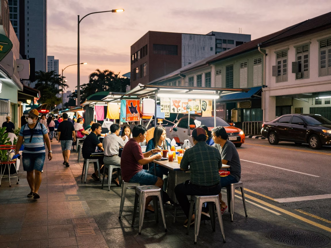 Busy Kuala Lumpur Street Scene Before Dusk with Metal Stools and River View in in Kuala Lumpur, Malaysia