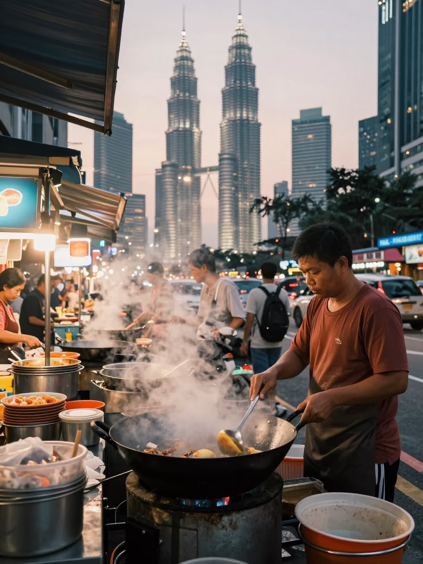 Busy Kuala Lumpur Street Scene Early Evening with Steam and Traffic in in Kuala Lumpur, Malaysia