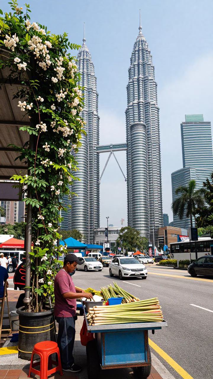Busy Kuala Lumpur Street Scene Midmorning with Climbing Jasmine and Local Life in in Kuala Lumpur, Malaysia