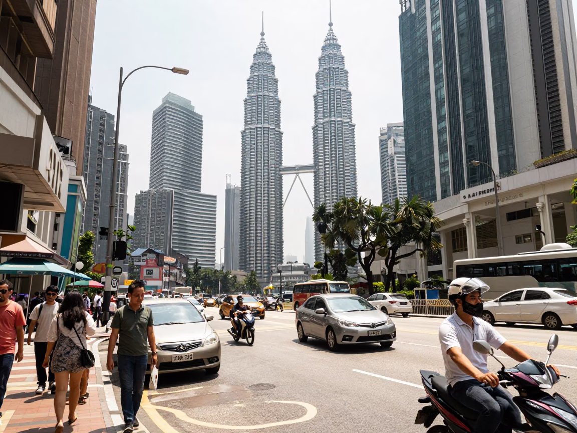 Busy Kuala Lumpur Street Scene Under Flat Noon Light with Construction Pile Driver in in Kuala Lumpur, Malaysia