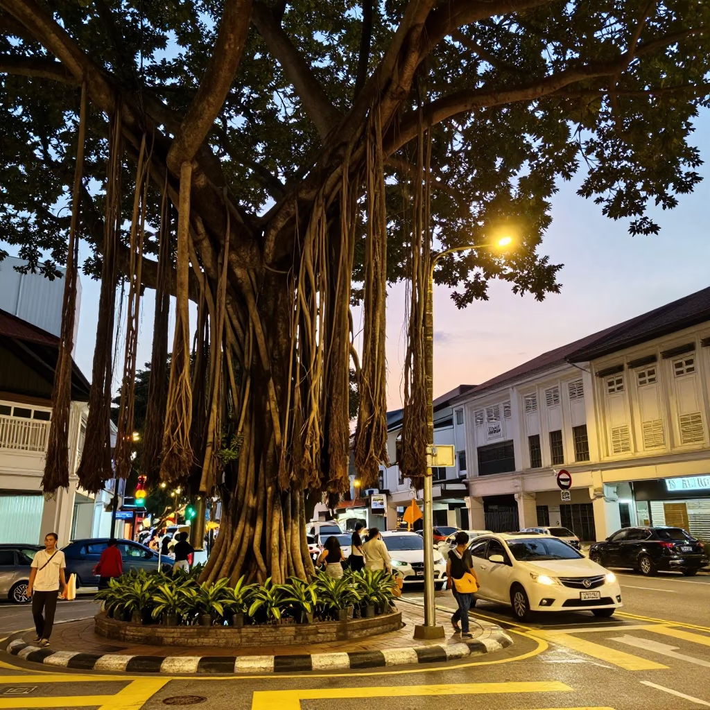 Busy Kuala Lumpur Street Scene with Banyan Tree and Evening Light in in Kuala Lumpur, Malaysia