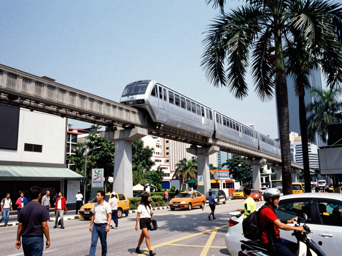 Busy Kuala Lumpur Street Scene with Monorail and Palm Trees Under Noon Sun in in Kuala Lumpur, Malaysia