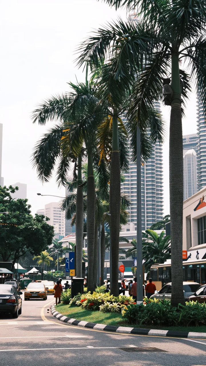 Busy Kuala Lumpur Street Scene with Palm Trees and Modern Traffic in in Kuala Lumpur, Malaysia