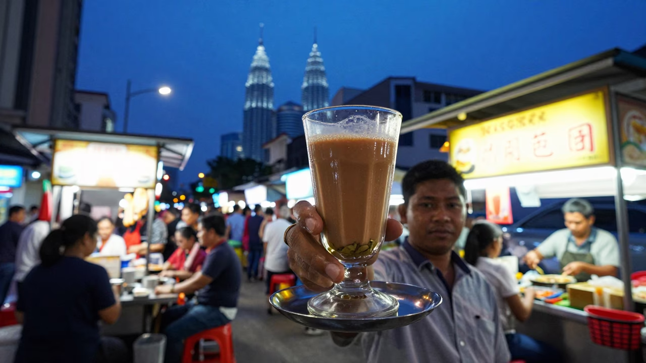 Busy Kuala Lumpur Street Stall Twilight with Masala Chai and Woven Mats in in Kuala Lumpur, Malaysia