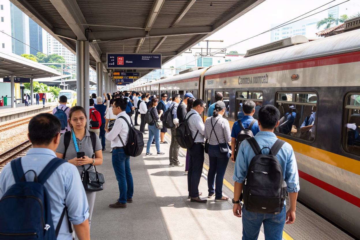Busy Kuala Lumpur Train Platform with Morning Commuters and Brushed Steel Hooks in in Kuala Lumpur, Malaysia