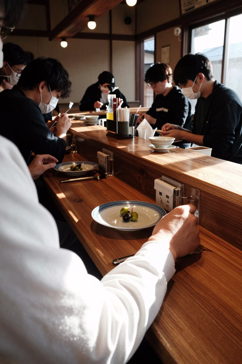 Busy Kyoto Cafe Counter with Ceramic Plates and Olive Branch in Early Afternoon Light in in Kyoto, Japan