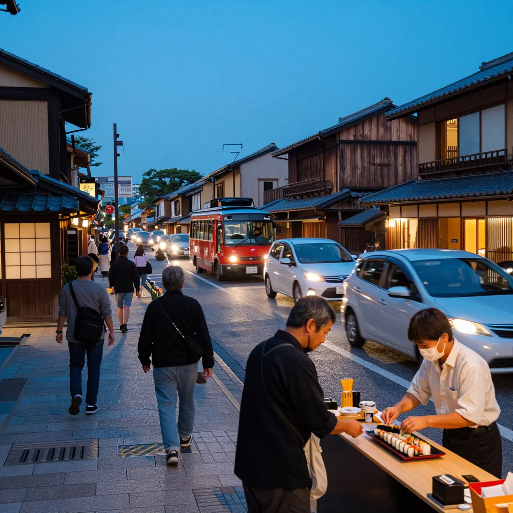 Busy Kyoto Evening Street Scene with Funicular and Traditional Elements in in Kyoto, Japan