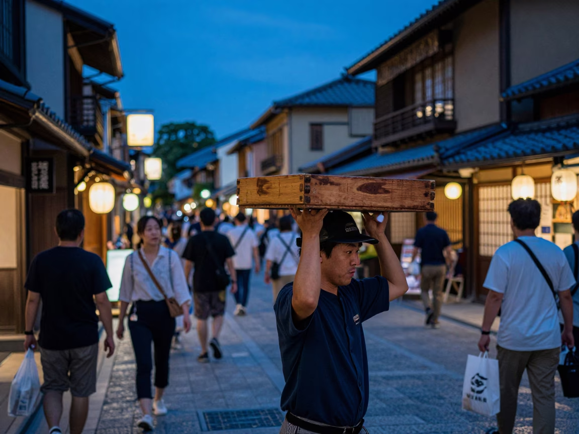 Busy Kyoto Evening Street Scene with Wooden Tray and Soap Residue in Blue Light in in Kyoto, Japan
