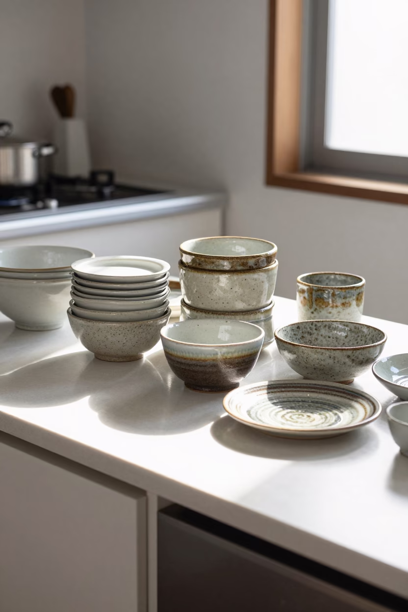 Busy Kyoto Kitchen Counter with Speckled Stoneware and Porcelain in Bright Midmorning Light in in Kyoto, Japan