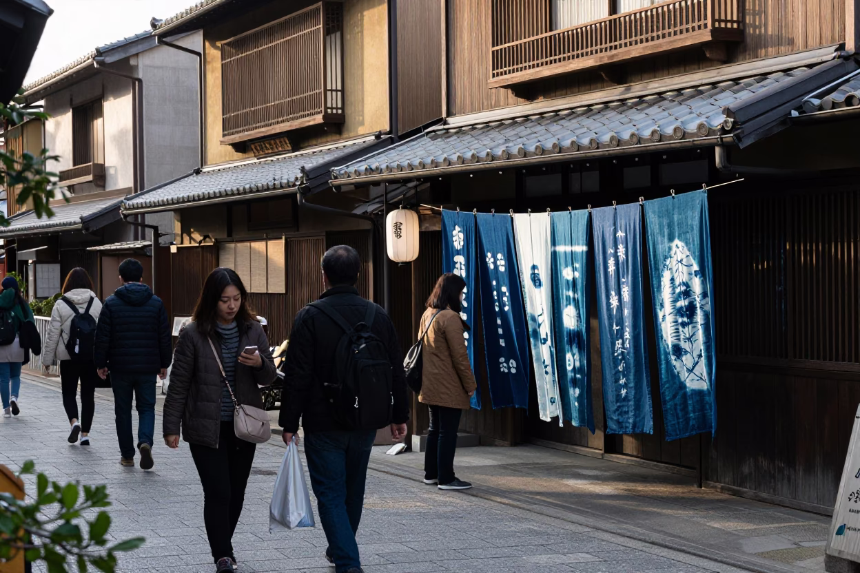 Busy Kyoto Morning Street Scene with Indigo Fabric and Traditional Architecture in in Kyoto, Japan