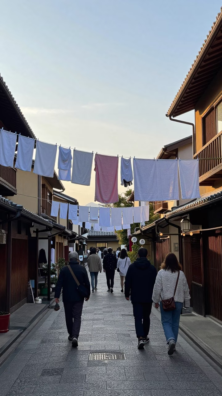 Busy Kyoto Morning Street Scene with Laundry Lines and Traditional Architecture in in Kyoto, Japan