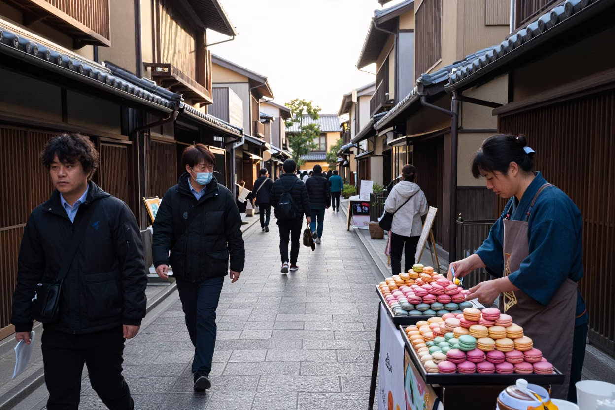 Busy Kyoto Morning Street Scene with Macarons and Traditional Architecture at First Light in in Kyoto, Japan