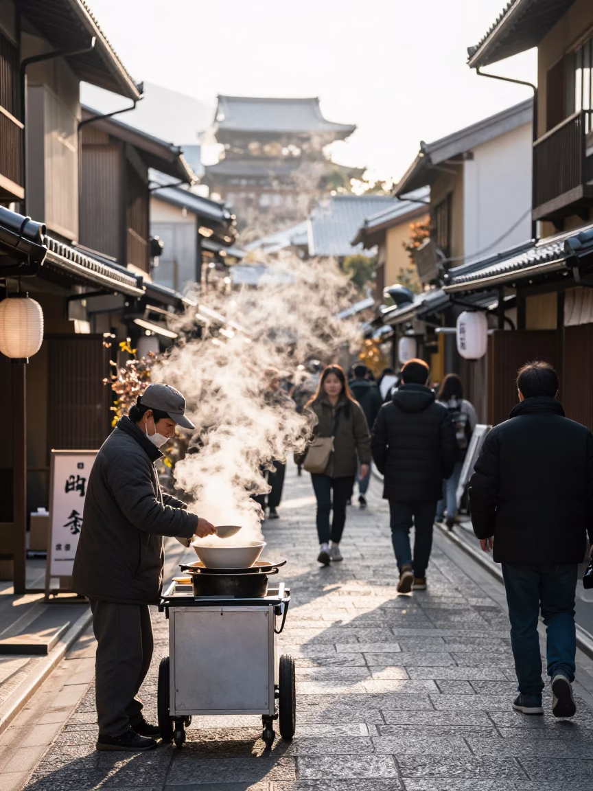 Busy Kyoto Morning Street Scene with Steam and Traditional Architecture in in Kyoto, Japan