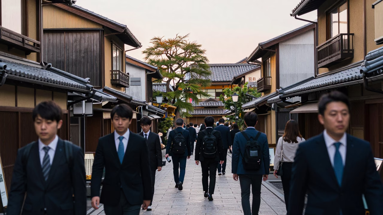 Busy Kyoto Morning Street Scene with Traditional Architecture and Commuters in in Kyoto, Japan